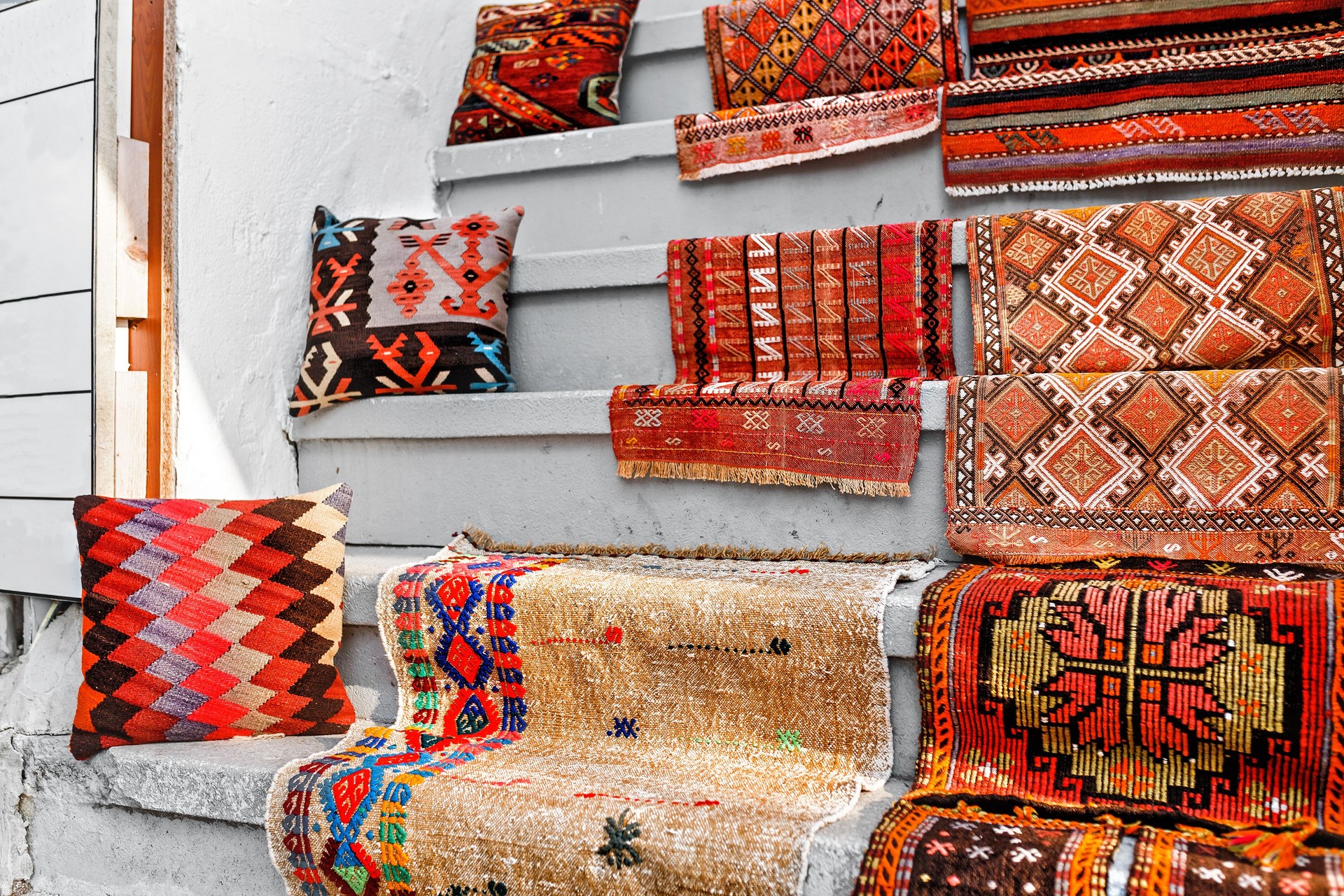 Many colorful carpets and carpet for sale in the store at Istanbul street