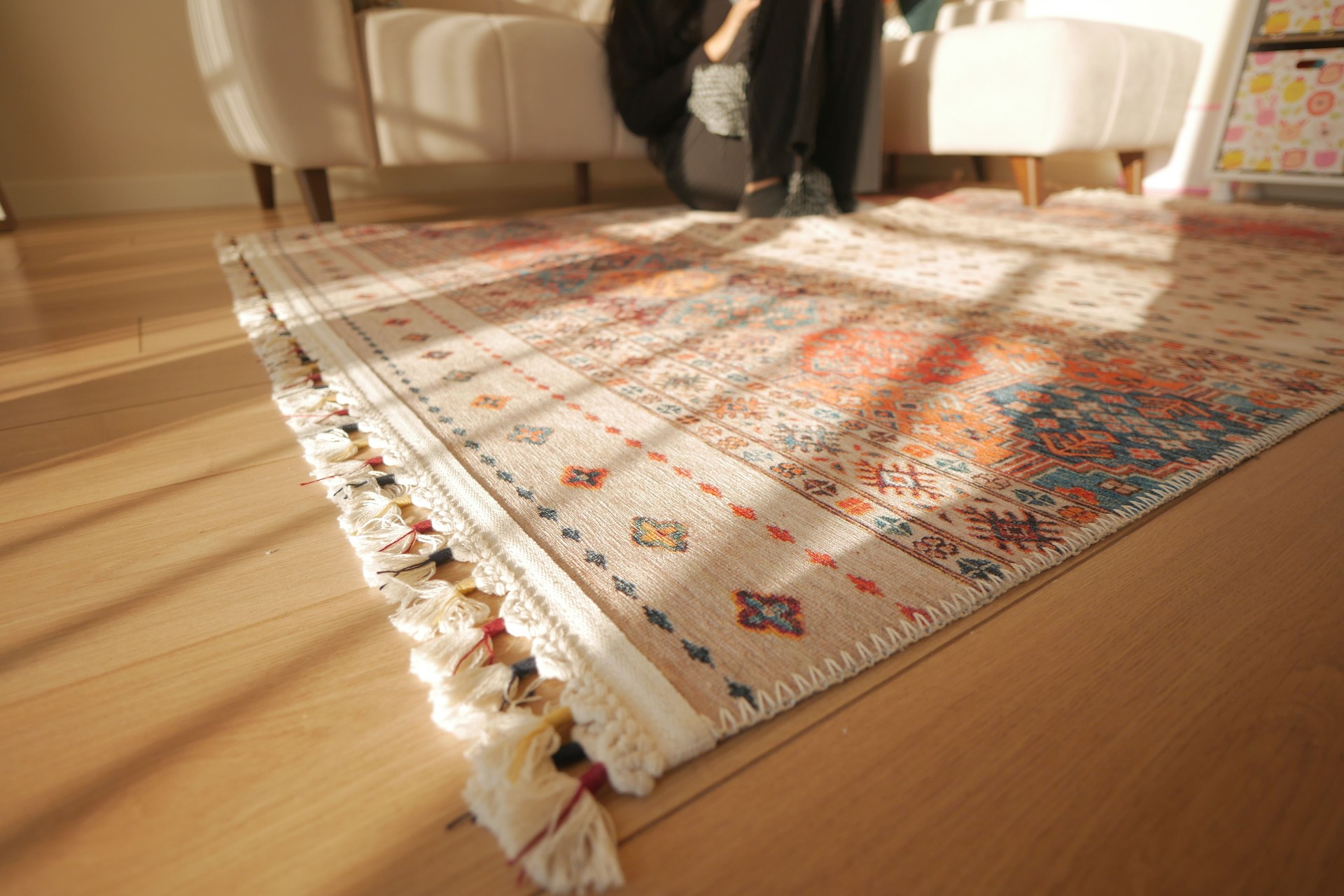 Elegant Handcrafted Rug with Colorful Patterns and Unique Textures